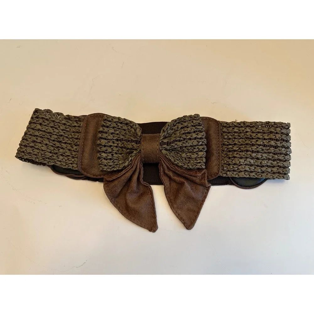 Elastic Stretch Bow Belt Khaki Green Brown Snap Closure